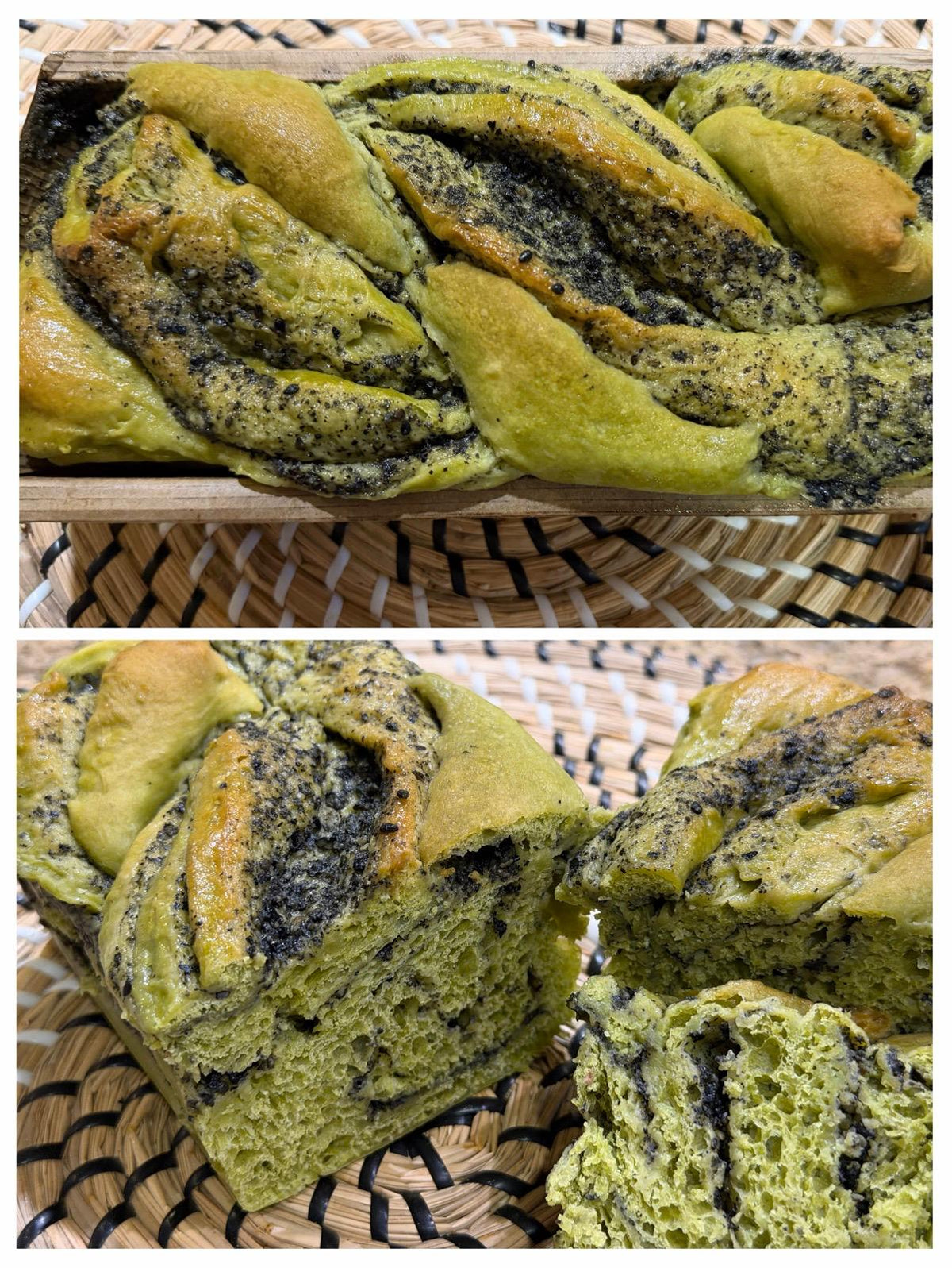 Matcha Black Sesame Babka braided loaf from above, and sliced