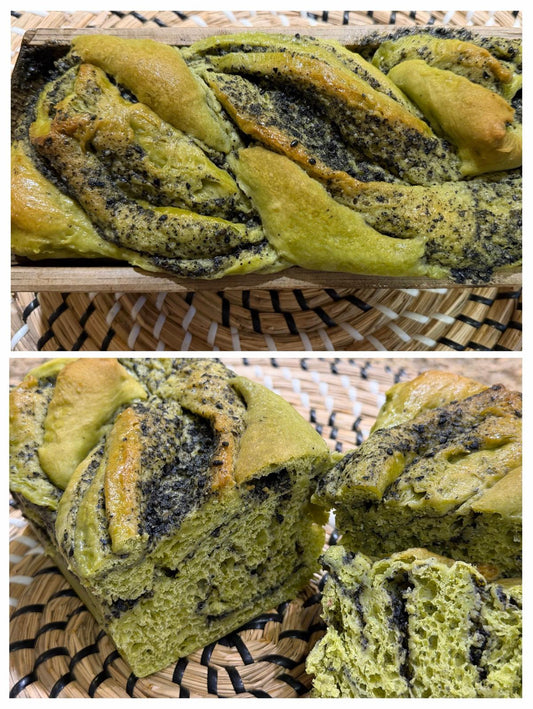 Matcha Black Sesame Babka braided loaf from above, and sliced