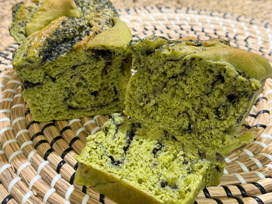 Matcha Black Sesame Babka sliced, showing green matcha crumb swirled with black sesame